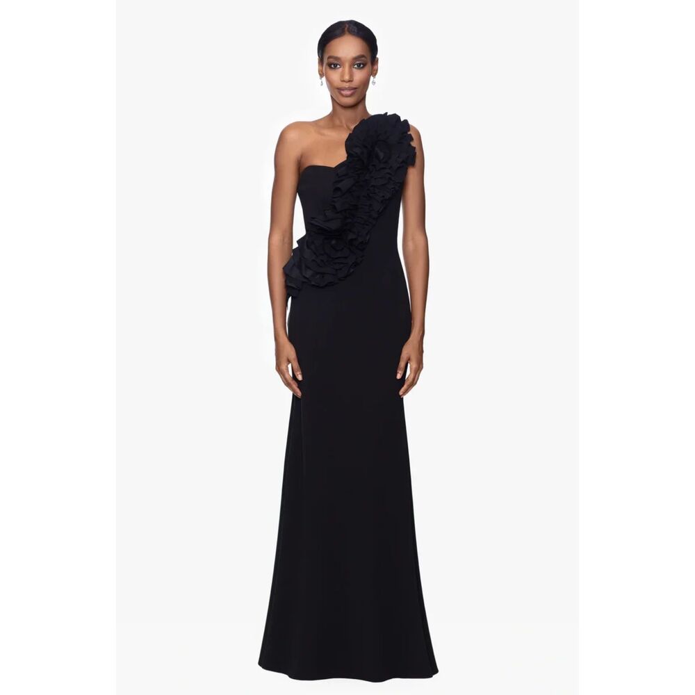 Betsy & Adam Black One-Shoulder Ruffle Maxi Dress